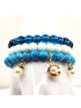 Blue Faux Pearl Bracelet Set, Ocean Bracelet Stack, Beach Charm Bracelet, Coast